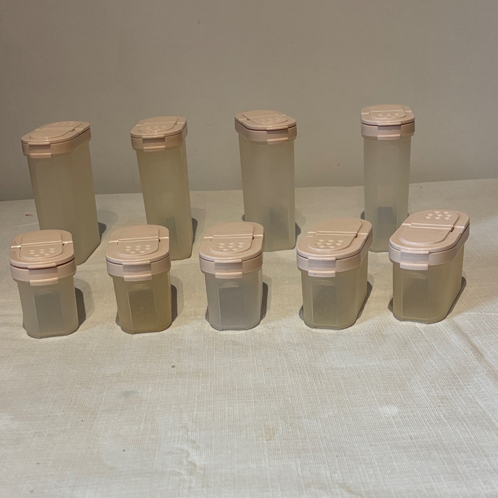 9 Vintage Tupperware Spice Containers with Pink Lids